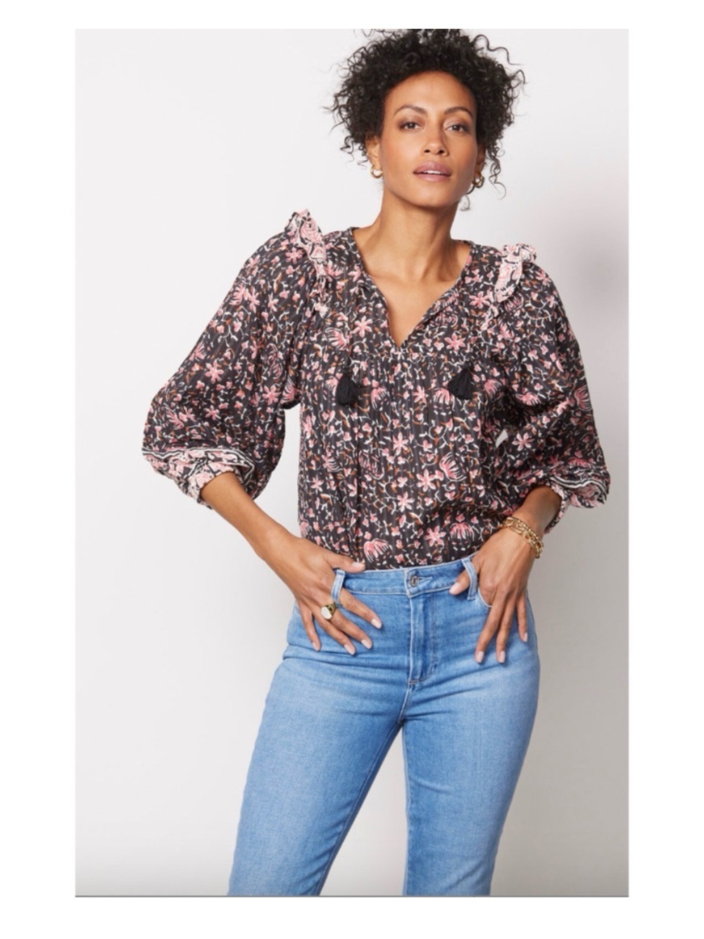 CLEOBELLA Evereve Brynlee Black Pink Org Cotton Metallic Print Blouse XS